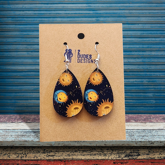 Sun and Moon Graphical Teardrop Earrings