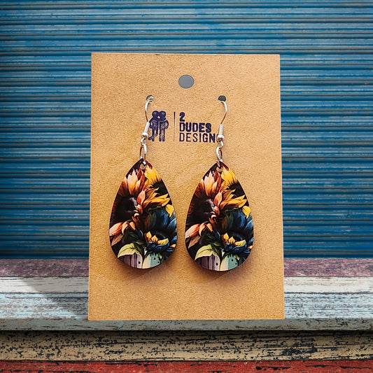 Sunflower 3, Sublimated Teardrop Earrings