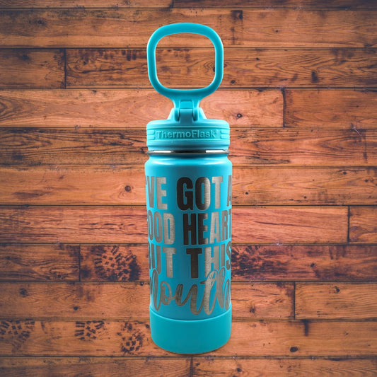 ThermoFlask Light Blue Stainless-Steel Engraved Tumbler with Phrase "I've Got a Good Heart, but this Mouth"