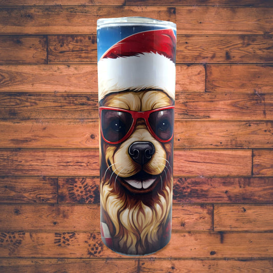 Dog with Santa Hat and Red Sunglasses, 20 Oz. Stainless-Steel Hot/Cold Tumbler