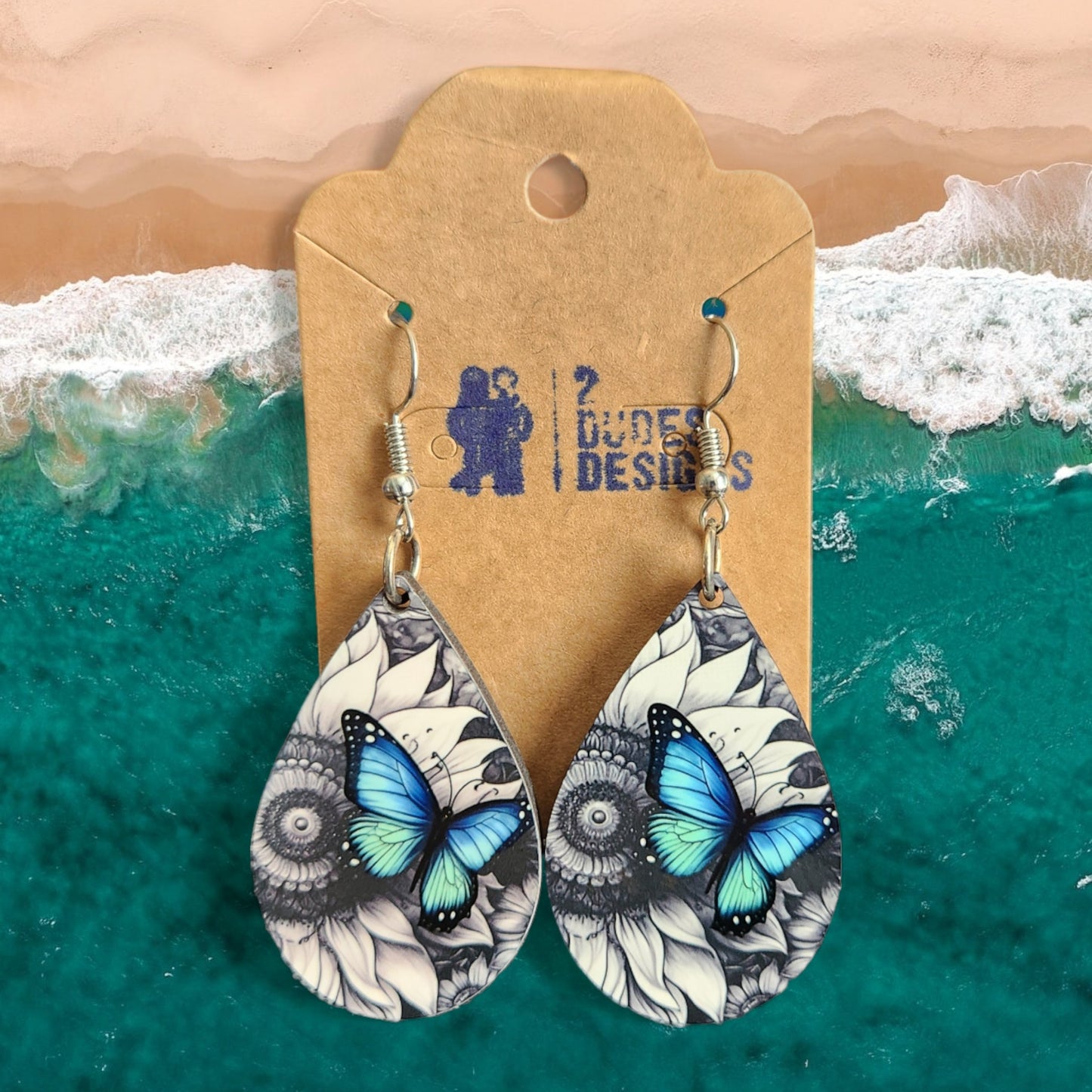 Blue/Green Butterfly Teardrop Graphic Earrings