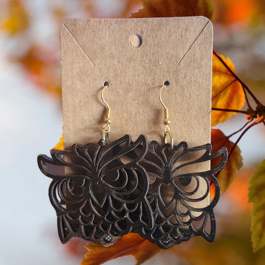 Owl Espresso-Stained Birch Laser Cut Earrings 3