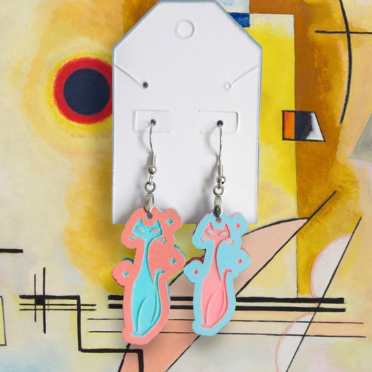 Mid-Century Vintage Cat Pink/Turquoise Dangle Earrings