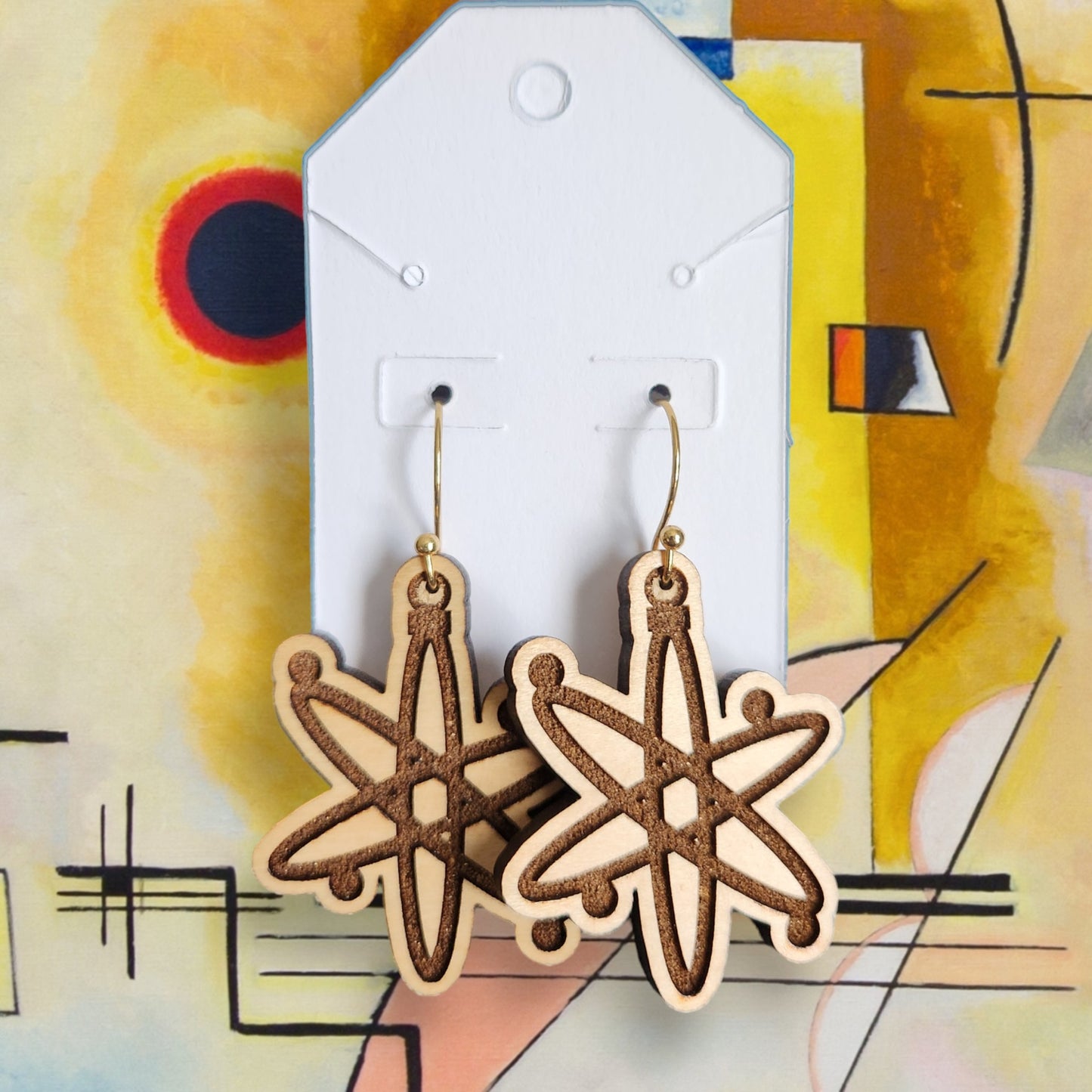 Mid-Century Wood Atomic Dangle Earrings 1