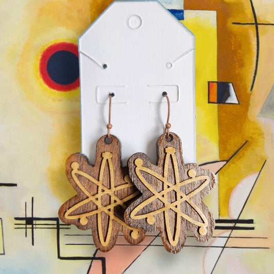 Mid-Century Wood Atomic Dangle Earrings 2