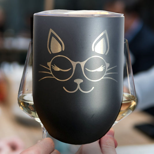 Engraved Cat with Glasses Wine Tumbler