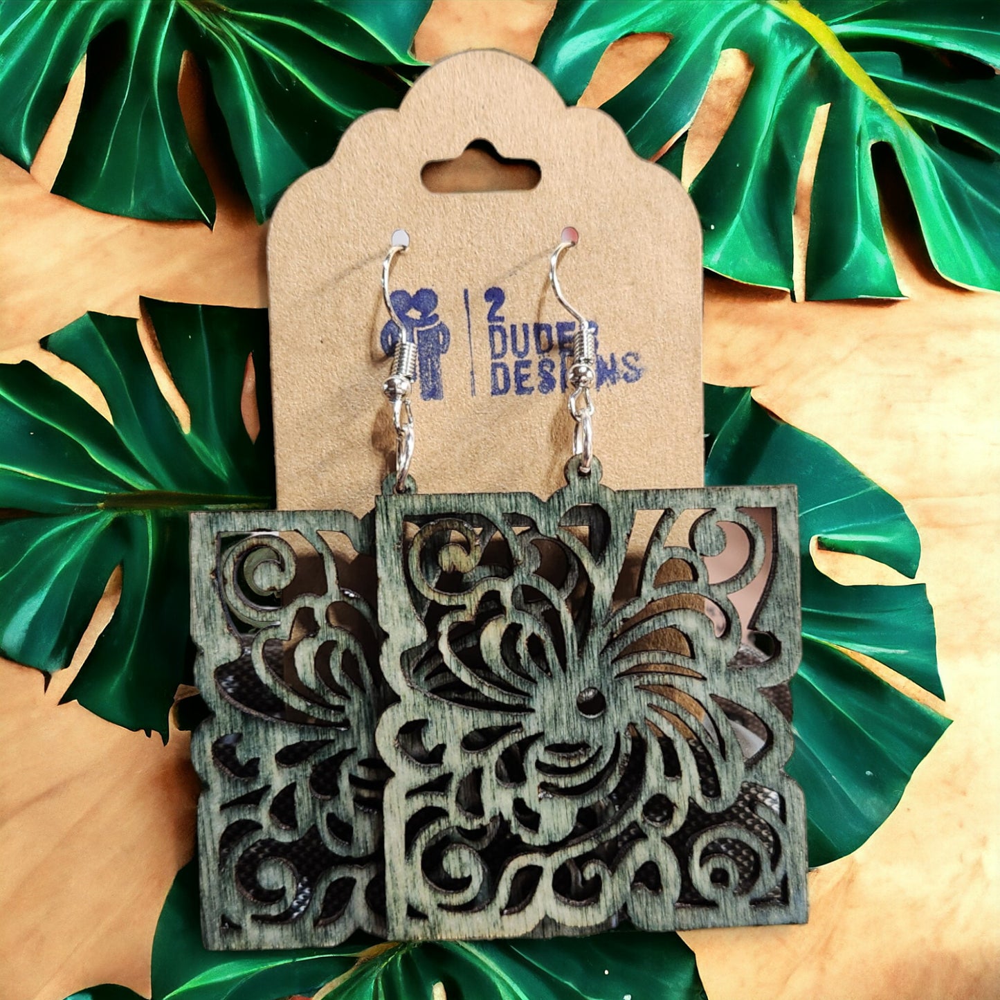 Square Light Green Flower Boho Dangle Earrings