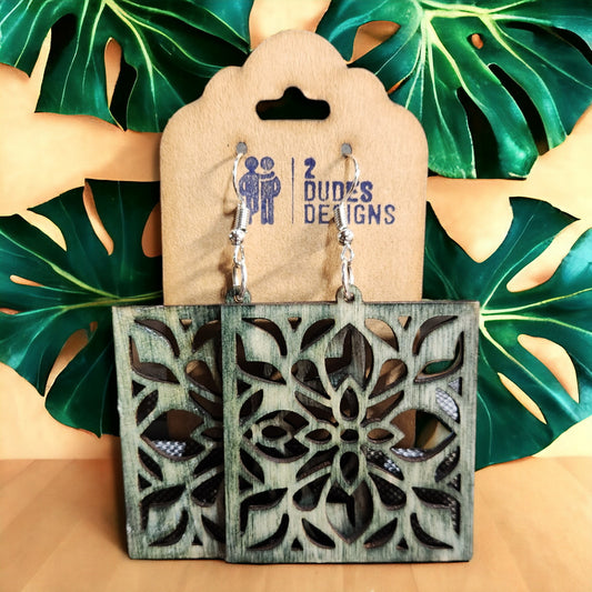 Square Light Green Flower Boho Dangle Earrings