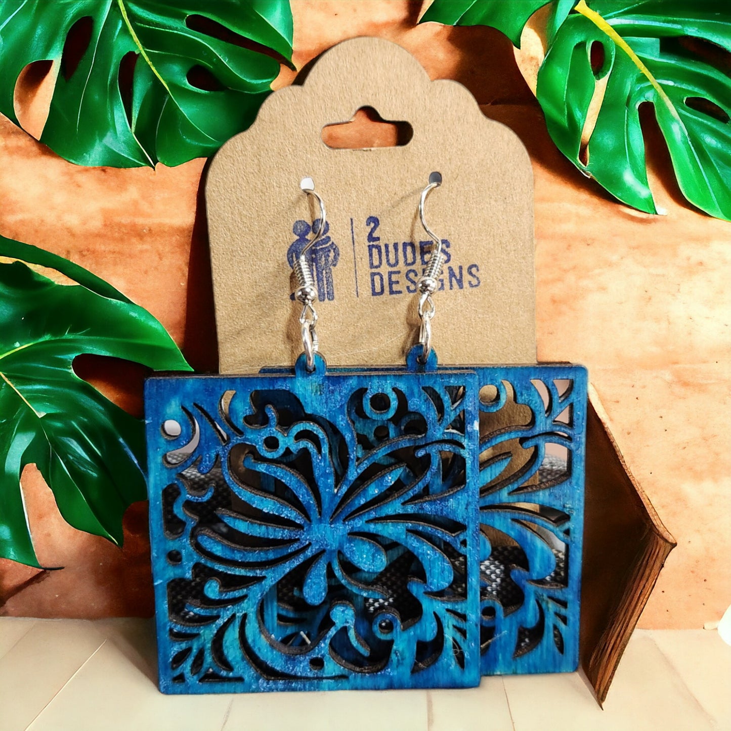 Square Dark Blue Flower Boho Dangle Earrings