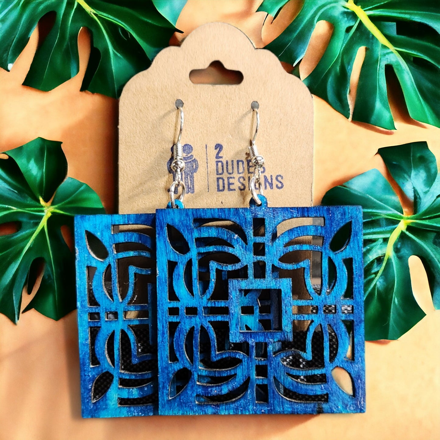 Square Dark Blue Boho Dangle Earrings