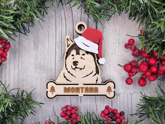 Alaskan Malamute Santa Hat Dog Ornament