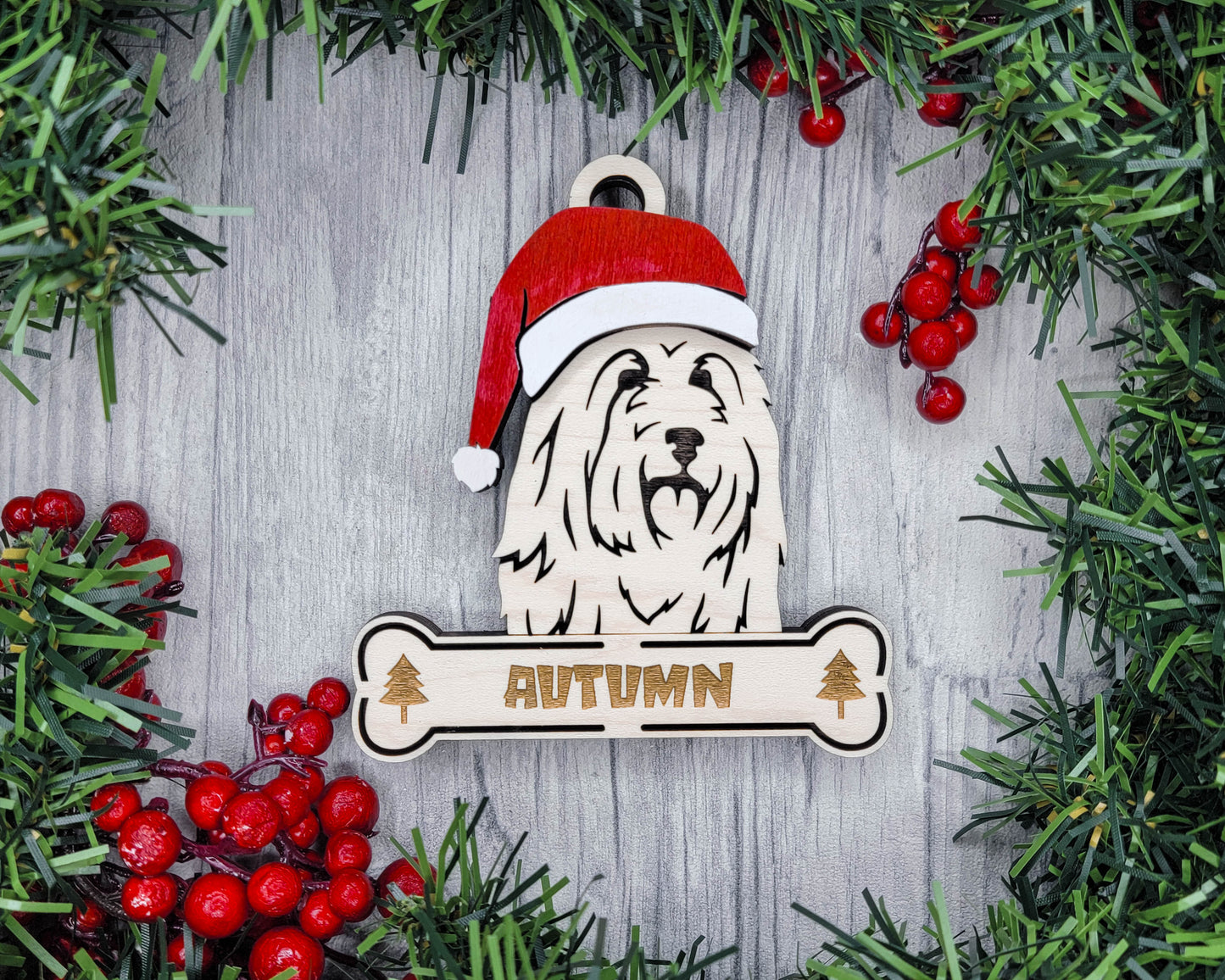 Bearded Collie Santa Hat Dog Ornament