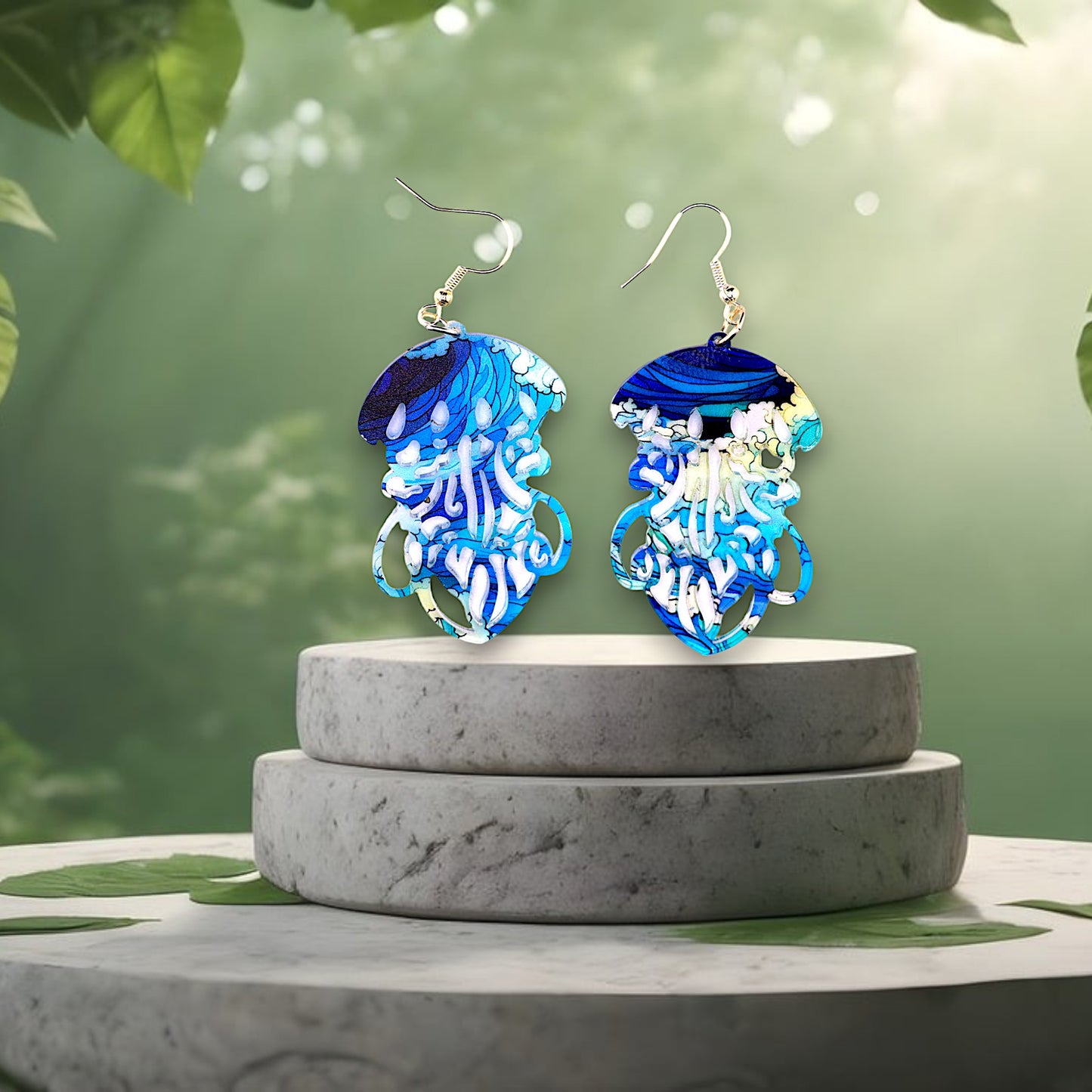 Jellyfish Shaped Blue and Green Dangle Earrings