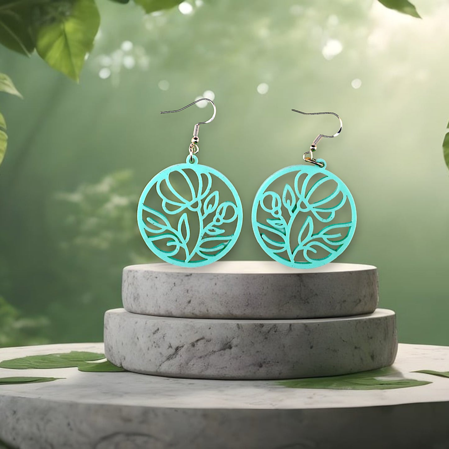 Light green Round Flower Dangle Earrings