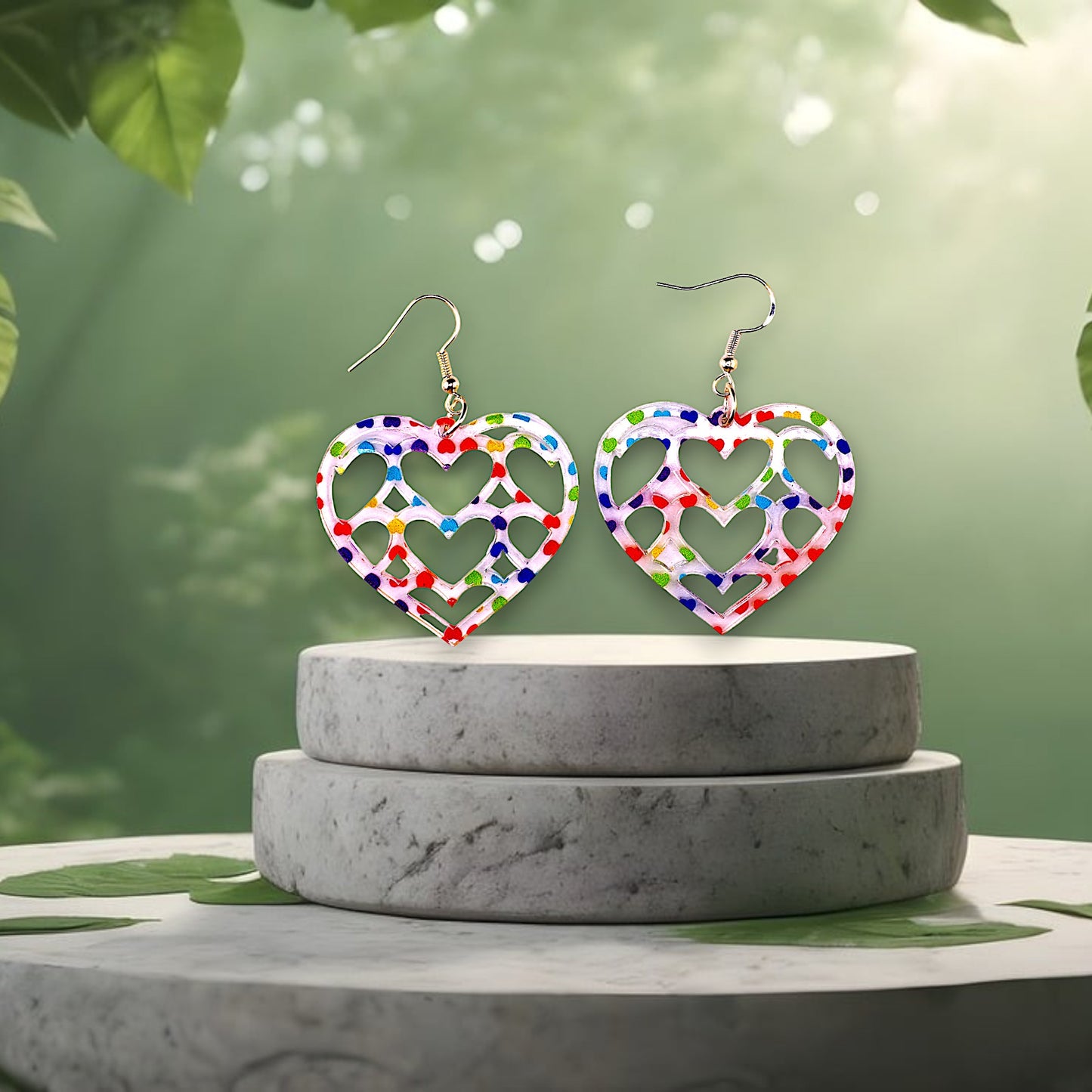 Large Multi Color Heart Patterned Heart Earrings