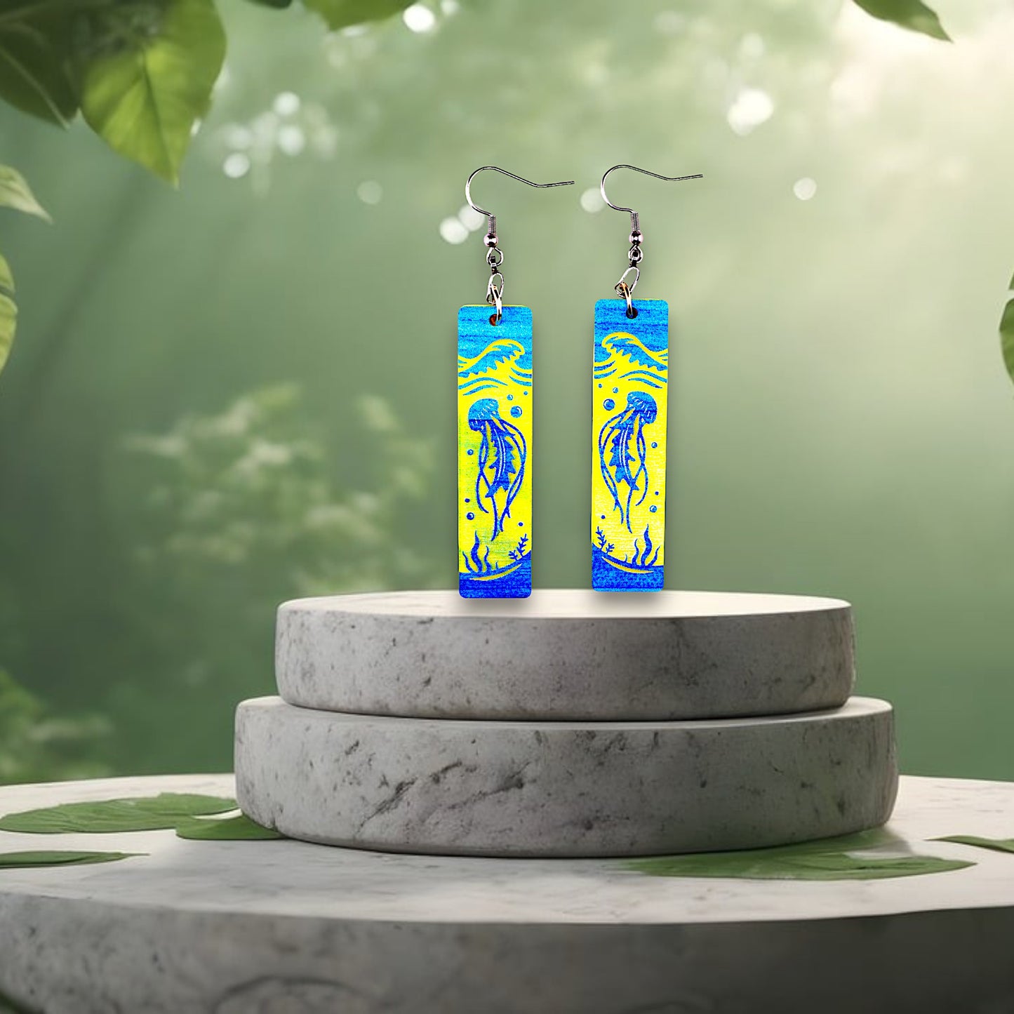 Blue and Yellow Acrylic Jellyfish Dangle Earrings