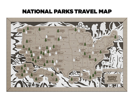 Hiking National Park Travel Map with Pine Tree Inserts (With Name Plate)