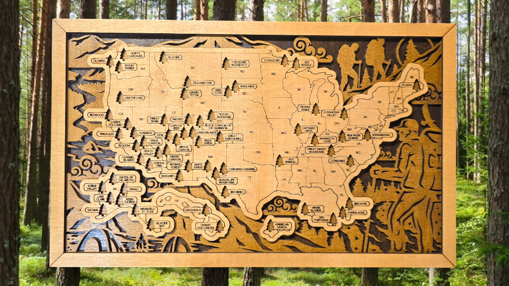 Hiking National Park Travel Map with Pine Tree Inserts – 2 Dudes Designs