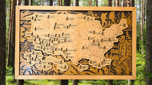 Hiking National Park Travel Map with Pine Tree Inserts