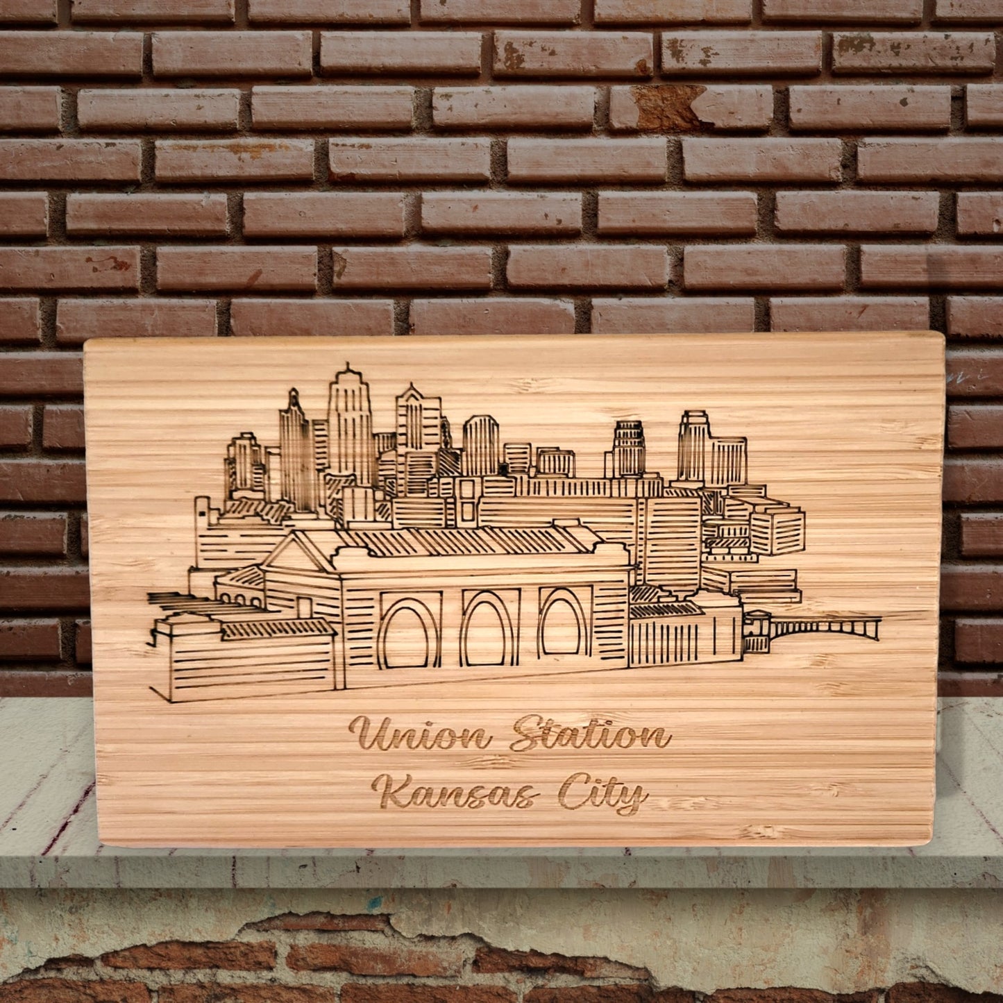 Kansas City Union Station Skyline with Etching Bamboo Small Serving Board
