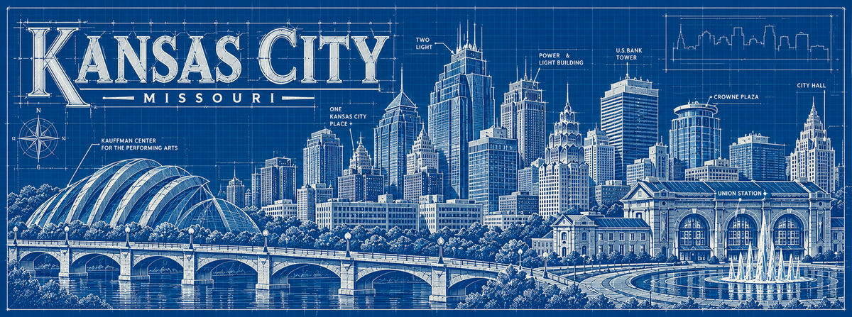 Kansas City Skyline Magnet - Architectural Blueprint Style