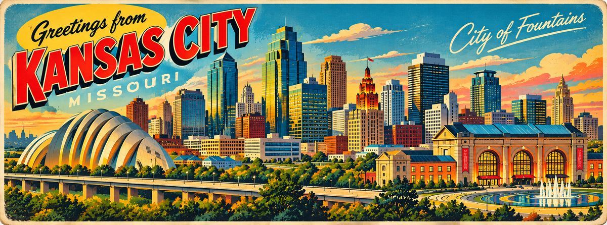 Kansas City Skyline Magnet - Vintage Postcard Style