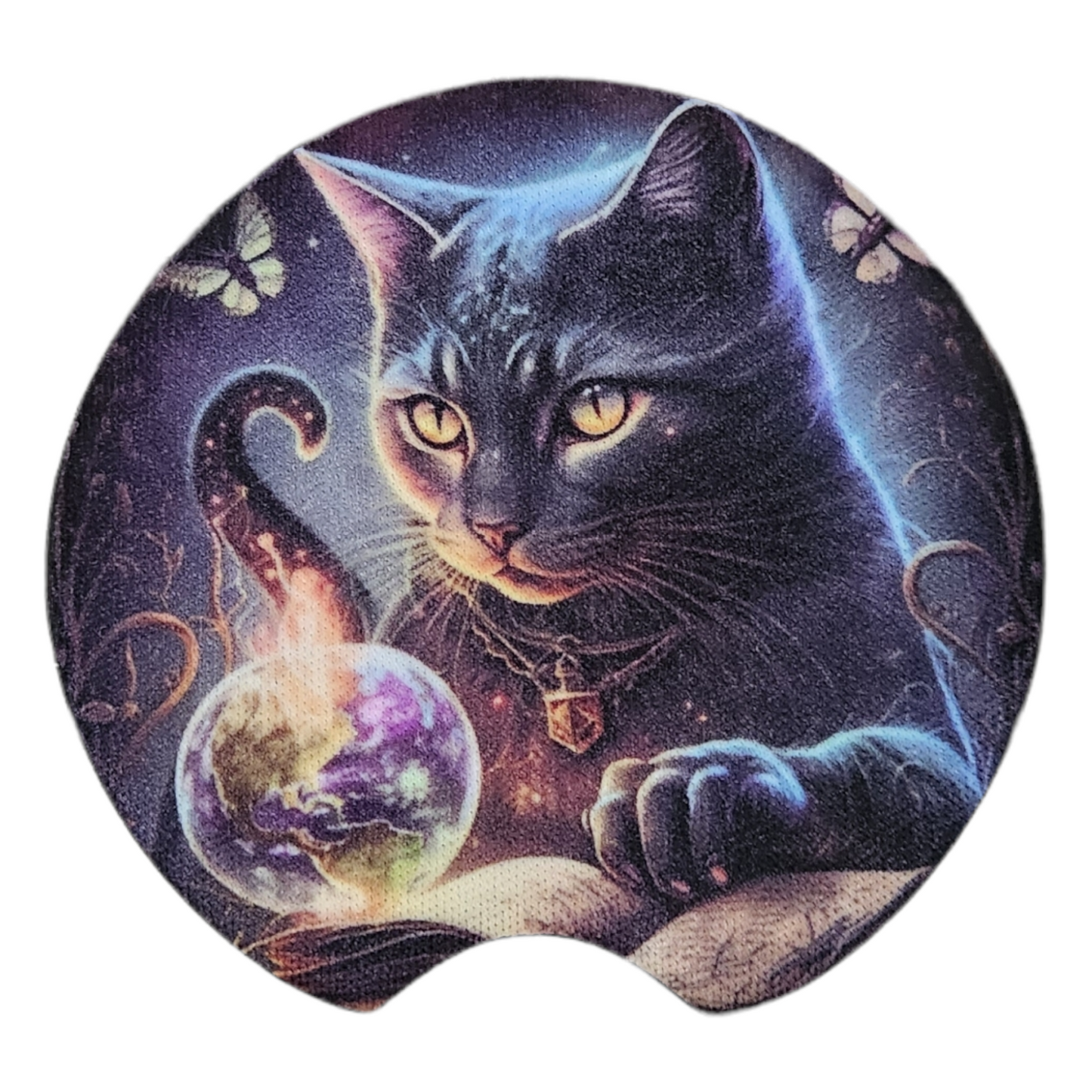 Cat Looking into Crystal Ball Round Neoprene Car Coaster