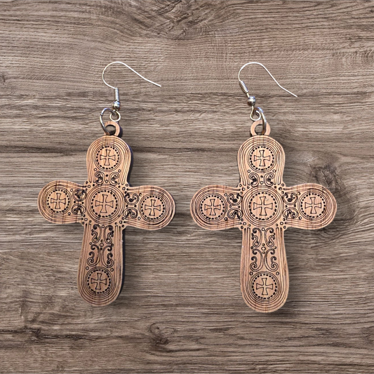 Orthodox Cross Birch Laser Cut Earrings