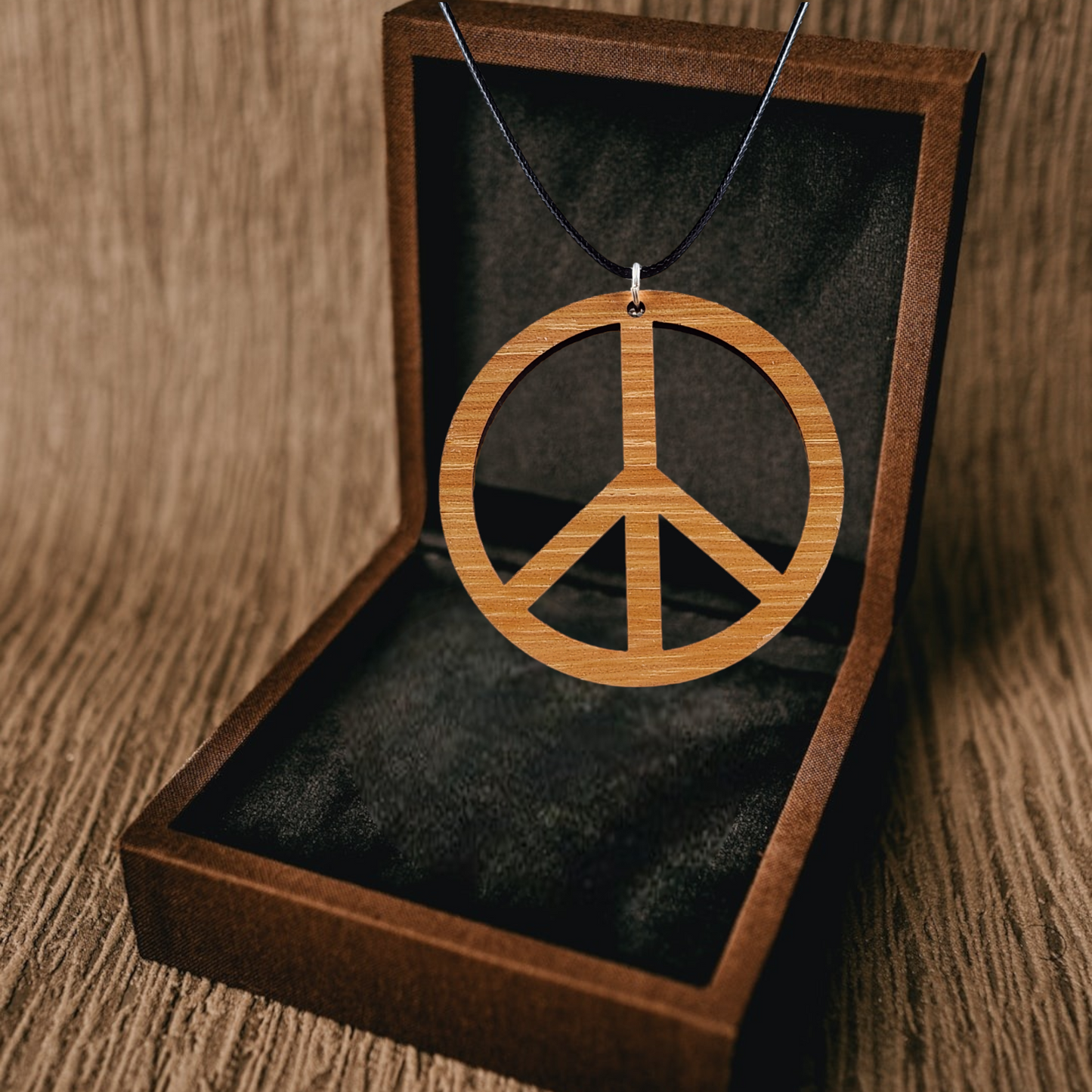 Birch Wood Peace Necklace, Black Rope Silver Connector