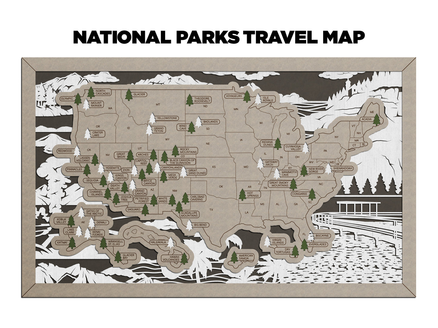 Sceneries National Park Travel Map with Pine Tree Inserts (No Name Plate)