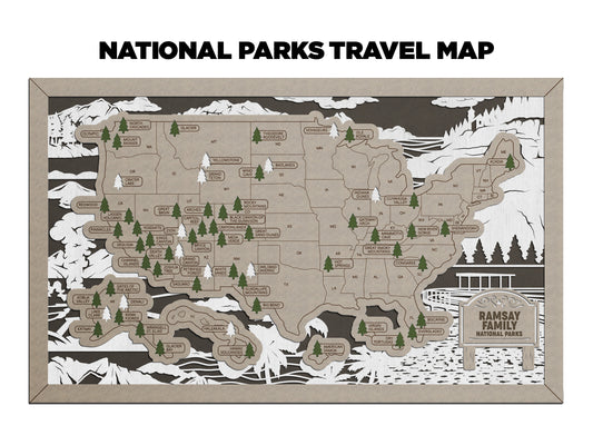 Sceneries National Park Travel Map with Pine Tree Inserts (With Name Plate)