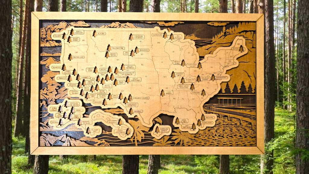Sceneries National Park Travel Map with Pine Tree Inserts