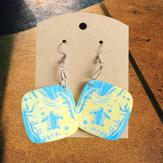 Blue and Yellow Acrylic Sea Turtle Dangle Earrings