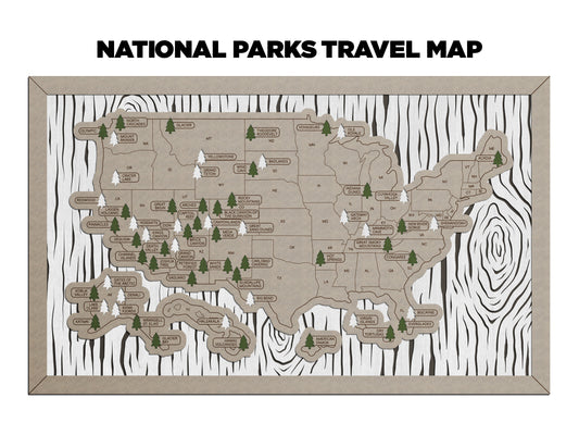 Wood Background Pattern National Park Travel Map with Pine Tree Inserts (No Name Plate)