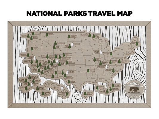 Wood Background Pattern National Park Travel Map with Pine Tree Inserts (With Name Plate)