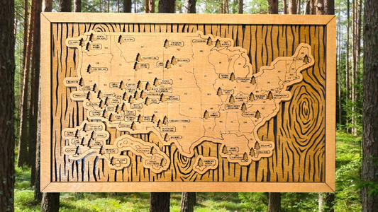 Wood Background Pattern National Park Travel Map with Pine Tree Inserts