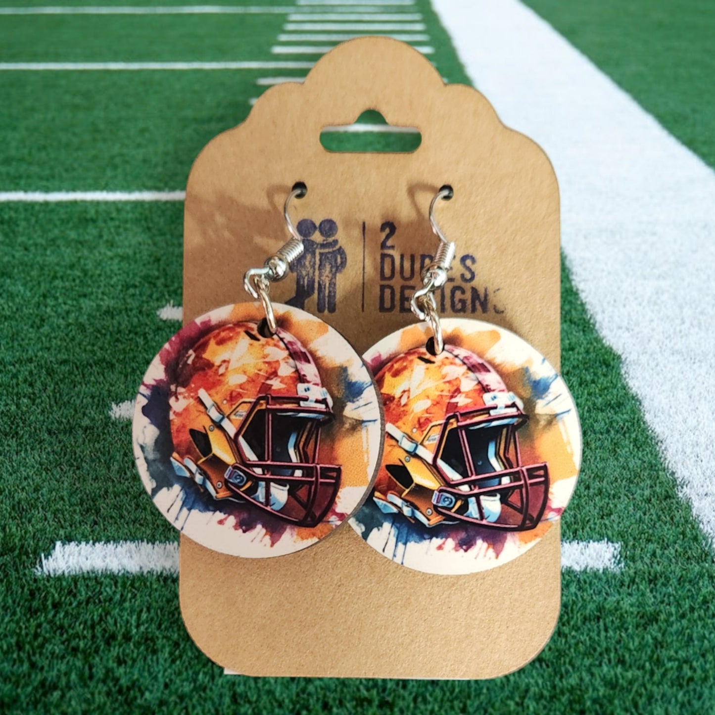 Football Helmet 2 Round Dangle Earrings